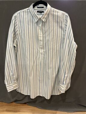 Lands’ End White & Blue Pinstripe No‑Iron Supima Popover — Size 16 (EUC)
